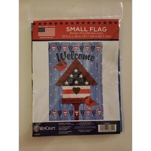 WINCRAFT  PATRIOTIC GARDEN FLAG,NEW,12.5"x18""WELCOME" USA BIRDHOUSE & CARDINALS